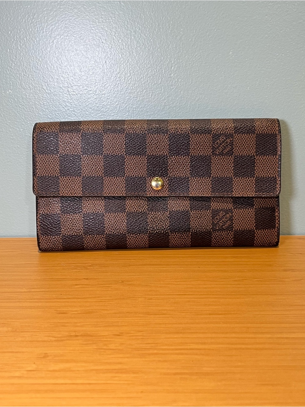 Louis Vuitton Damier Ebene Checkerboard Wallet in Brown and Tan